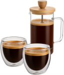 Winder Home Rinkinys: 2 borosilikatinės stiklinės po 250 ml + stūmoklinis kavinukas French Press 350 ml su bambukiniu dangteliu