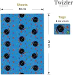 Twizler berniukų dovanų popierius &ndash; mėlyni vorai &ndash; 4 lapai ir 4 etiketės &ndash; 70 cm x 50 cm sulankstyti lapai &ndash; mielas gimtadienio dovanų pakavimas vaikams