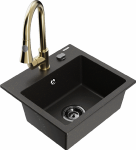 Granitinė virtuvinė plautuvė Mexen Milo su mai&scaron;ytuvu ir sifonu, Metallic juodas/auksinis+Gold