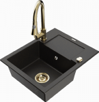Granitinė virtuvinė plautuvė Mexen Enzo su mai&scaron;ytuvu ir sifonu, Metallic juodas/auksinis+Gold