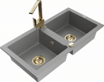 Granitinė virtuvinė plautuvė Mexen Mario su mai&scaron;ytuvu ir sifonu, Pilkas+Gold