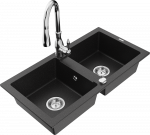 Granitinė virtuvinė plautuvė Mexen Mario su mai&scaron;ytuvu ir sifonu, Metallic juodas/sidabrinis+Chrome