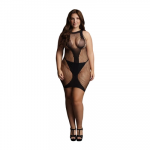 Shots Leg Avenue Plus Size High Neck Net Mini Dress with V Accent, Juodas