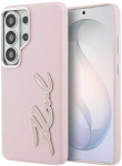 Dėklas Karl Lagerfeld grūdėtu para&scaron;u paremtas metalinis dervos logotipas, skirtas &bdquo;Samsung Galaxy S26 Ultra&ldquo;, rožinis