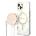 Apple iPhone 14 Plus Guess dėklas Marble MagSafe + Belaidis Įkroviklis (GUBPP14XH4EACSP) baltos spalvos