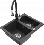 Granitinė virtuvinė plautuvė Mexen Carlos su mai&scaron;ytuvu ir sifonu, Juodas granite+Juodas