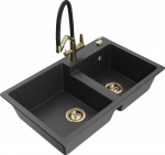 Granitinė virtuvinė plautuvė Mexen Tomas su mai&scaron;ytuvu ir sifonu, Juodas granite+Juodas/Gold
