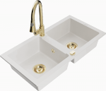 Granitinė virtuvinė plautuvė Mexen Mario su mai&scaron;ytuvu ir sifonu, Baltas+Gold