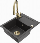 Granitinė virtuvinė plautuvė Mexen Enzo su mai&scaron;ytuvu ir sifonu, Juodas granite+Gold