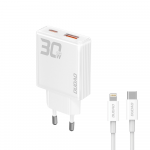 GaN Dudao A30EUL 30W USB-A / USB-C laidinis įkroviklis + USB-C - Lightning kabelis - baltos spalvos