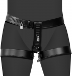 Ouch By Shots PU Leather Female Chastity Belt with Leg Restraint - Juodas