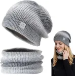 Forhome Žieminės kepurės moterims, žieminis komplektas moterims, megzta kepurė su &scaron;aliku, kepurė ir &scaron;alikas 2 viename, tinkama &scaron;altam orui, 56&ndash;60 cm (pilka), violetinė