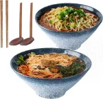 Japoni&scaron;kas 22.86 cm keramikinis ramen sriubos dubuo, 2 rinkiniai (6 vienetai) 1600 ml universalus dubuo su derančiu &scaron;auk&scaron;tu ir lazdelėmis greitai paruo&scaron;iamiems makaronams, sriubai, pho, udon ir soba (mėlynas)