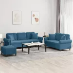 Sofa Sofos komplektas su pagalvėmis, 3 dalių, mėlynas, aksomas