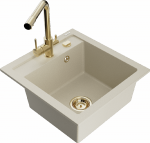 Granitinė virtuvinė plautuvė Mexen Vito su mai&scaron;ytuvu ir sifonu, rusvai gelsvas+Gold