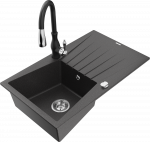 Granitinė virtuvinė plautuvė Mexen Cesar su mai&scaron;ytuvu ir sifonu, Juodas granite+Juodas