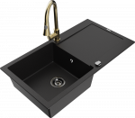 Granitinė virtuvinė plautuvė Mexen Leo su mai&scaron;ytuvu ir sifonu, Juodas+Gold