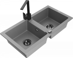 Granitinė virtuvinė plautuvė Mexen Mario su mai&scaron;ytuvu ir sifonu, Pilkas+Juodas