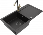 Granitinė virtuvinė plautuvė Mexen Leo su mai&scaron;ytuvu ir sifonu, Metallic juodas/sidabrinis+Juodas/Gold