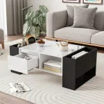 TV staliukas Modernus kavos staliukas 105x60x40,5 cm juodai baltas su stalčiumi ir lentynomis