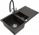 Granitinė virtuvinė plautuvė Mexen Matias su mai&scaron;ytuvu ir sifonu, Metallic juodas/auksinis+Juodas/Chrome