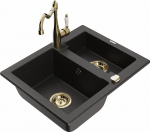 Granitinė virtuvinė plautuvė Mexen Carlos su mai&scaron;ytuvu ir sifonu, Metallic juodas/auksinis+Gold