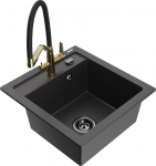 Granitinė virtuvinė plautuvė Mexen Vito su mai&scaron;ytuvu ir sifonu, Juodas granite+Juodas/Gold