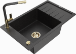 Granitinė virtuvinė plautuvė Mexen Elias su mai&scaron;ytuvu ir sifonu, Metallic juodas/sidabrinis+Juodas/Gold