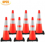 Eismo kūgiai 6 vnt., 92 cm, PVC oranžiniai saugos kūgiai su juodu pagrindu, kelio kūgiai, statybų aik&scaron;telės kūgiai, automobilių stovėjimo aik&scaron;telės kūgiai