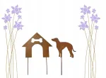 Whippet &scaron;uo su būda, metalinė dekoracija sodui, Corten efektas