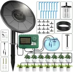 Trjzwa saulės energijos drėkinimo sistema su automatiniu drėkinimo kompiuteriu, 2024 m. naujausia versija, saulės la&scaron;elinio drėkinimo žarna sodams, balkonams, &scaron;iltnamiams su 15 m vandens vamzdžiu, 15 la&scaron;intuvų ir kt.