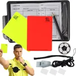 Chri teisėjo kortelių rinkinys, teisėjo &scaron;vilpukas, žaidimo užra&scaron;ų kortelės, teisėjo futbolo geltona kortelė, raudona kortelė, teisėjo &scaron;vilpukas, schiri rinkinys su teisėjo &scaron;vilpuku, rezultatų knygelės, rinkėjo ženklas
