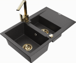 Granitinė virtuvinė plautuvė Mexen Gaspar su mai&scaron;ytuvu ir sifonu, Juodas granite+Gold