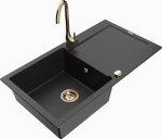 Granitinė virtuvinė plautuvė Mexen Leo su mai&scaron;ytuvu ir sifonu, Metallic juodas/sidabrinis+Gold