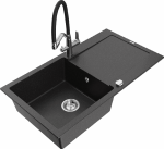 Granitinė virtuvinė plautuvė Mexen Leo su mai&scaron;ytuvu ir sifonu, Metallic juodas/sidabrinis+Juodas/Chrome