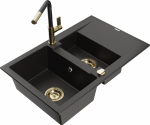 Granitinė virtuvinė plautuvė Mexen Gaspar su mai&scaron;ytuvu ir sifonu, Metallic juodas/auksinis+Juodas/Gold