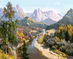 SuperColor Tapyba Pagal Skaičius: &bdquo;Kalnų upės slėnio peizažas&ldquo; 40x50 cm