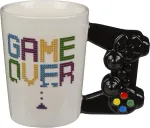 Mijoma gamer kavos puodelis su valdiklio rankena, keramikinis kavos puodelis, arbatos puodelis, talpa 300 ml kar&scaron;tiems ir &scaron;altiems gėrimams (game over)