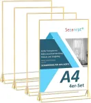 Sezanrpt A4 akrilinis stendas su auksiniu rėmeliu, 4 vnt., vestuvių stalo numerių stendas, dvipusis, skaidrus meniu laikiklis stalui, restoranui, mažmeninei prekybai, popieriaus laikiklis, nuotraukų rėmelis