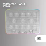 Mars Gaming Mnbc13 ne&scaron;iojamojo kompiuterio stovas ir au&scaron;inimo pagrindas iki 17 colių ne&scaron;iojamiesiems kompiuteriams, Argb ap&scaron;vietimas 10 režimų, 13x ventiliatoriai su baltu Led, 8 padėčių reguliuojamas, Lcd ekranas, i&scaron;maniojo telefono stovas, baltas