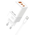 Beline Laidinis įkroviklis 2x USB-C + 1x USB 65W + kabelis USB-C baltos spalvos PD 3.0 + QC 3.0 BLN3CW65C GaN