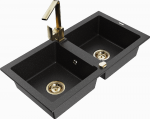 Granitinė virtuvinė plautuvė Mexen Mario su mai&scaron;ytuvu ir sifonu, Metallic juodas/sidabrinis+Gold