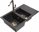 Granitinė virtuvinė plautuvė Mexen Gaspar su mai&scaron;ytuvu ir sifonu, Juodas granite+Juodas granite/Gold