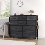 Komoda, spintelė su 10 stalčių i&scaron; audinio su rankenomis, metalinis rėmas, juoda spintelė