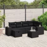 Sofa Sofos komplektas su pagalvėlėmis, 7 dalių, juodas, poliratanas