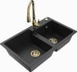 Granitinė virtuvinė plautuvė Mexen Tomas su mai&scaron;ytuvu ir sifonu, Metallic juodas/sidabrinis+Gold
