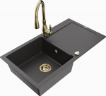 Granitinė virtuvinė plautuvė Mexen Leo su mai&scaron;ytuvu ir sifonu, Juodas granite+Gold