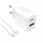 Puro PROLITE 20W USB-A / USB-C sieninis įkroviklis + USB-C - USB-C laidas 1,2 m - baltos spalvos