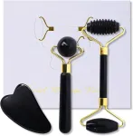 Soarfly nefrito volelis ir gua sha akmens rinkinys, 3 dalių natūralaus obsidiano veido volelis, gua sha akmens veido masažo volelis, gua sha nefrito volelis akims, veidui ir kaklui, stangrina odą, masažas