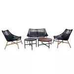 Home4You Lauko baldų komplektas HELSINKI, sofa, 2 kėdės ir 2 stalai, rėmas: aliuminis su plastikinių vytelių apdaila, spalva: juoda